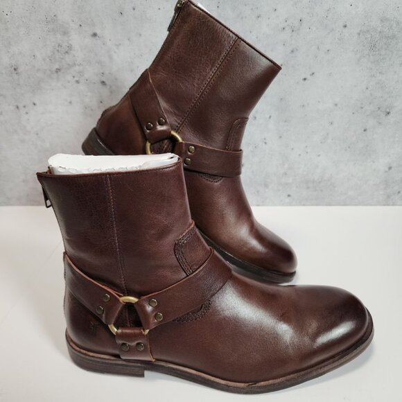 FRYE Sam Harness Mens Boots 8M Dark Brown Leather Mid-Calf Back Zipper - Picture 1 of 16
